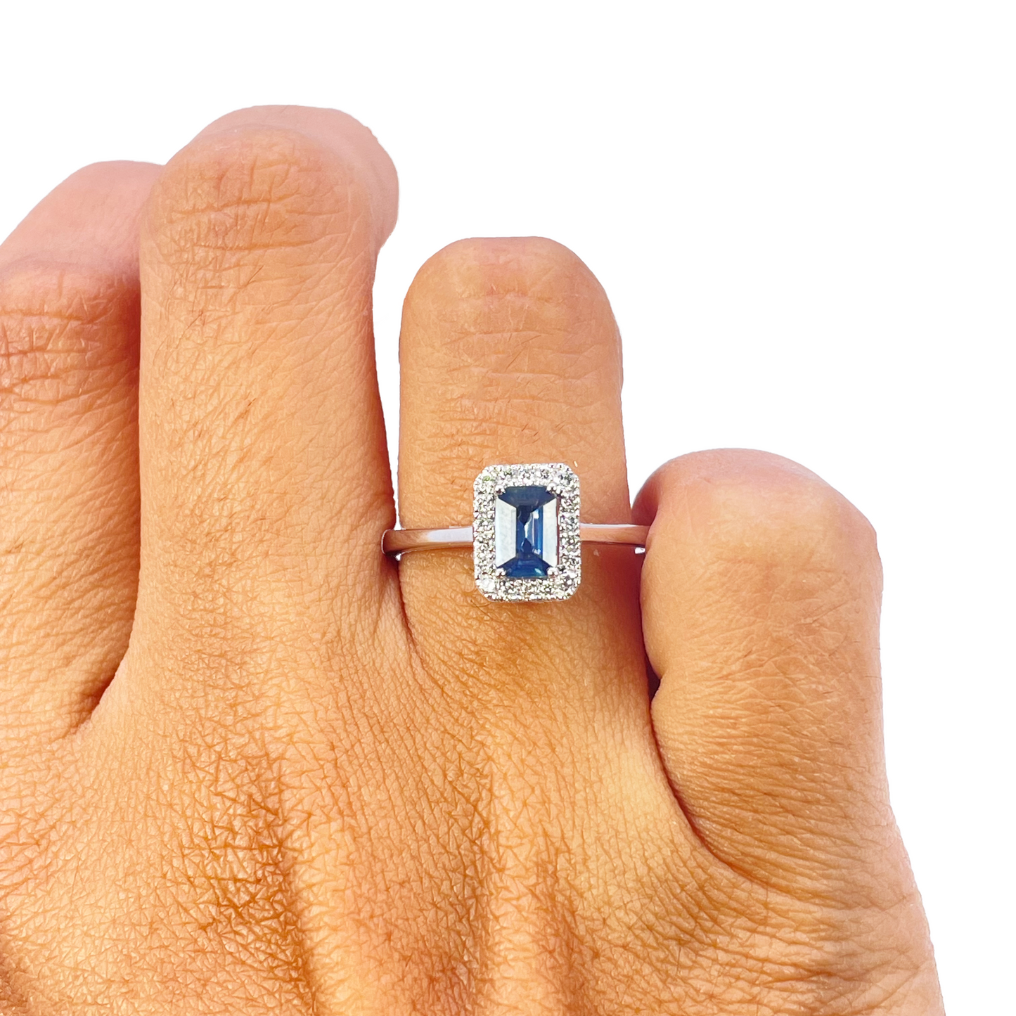 18ct White Gold Emerald Cut Blue Sapphire & Diamond Halo Ring 0.79ct