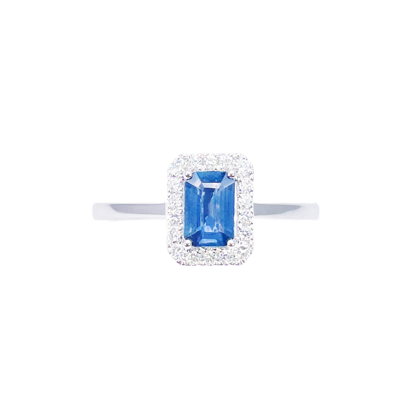 18ct White Gold Emerald Cut Blue Sapphire & Diamond Halo Ring 0.79ct
