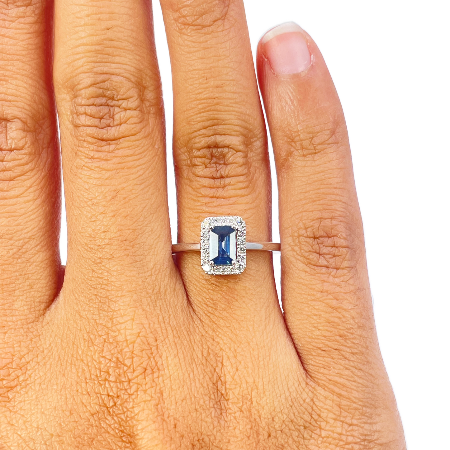 18ct White Gold Emerald Cut Blue Sapphire & Diamond Halo Ring 0.79ct