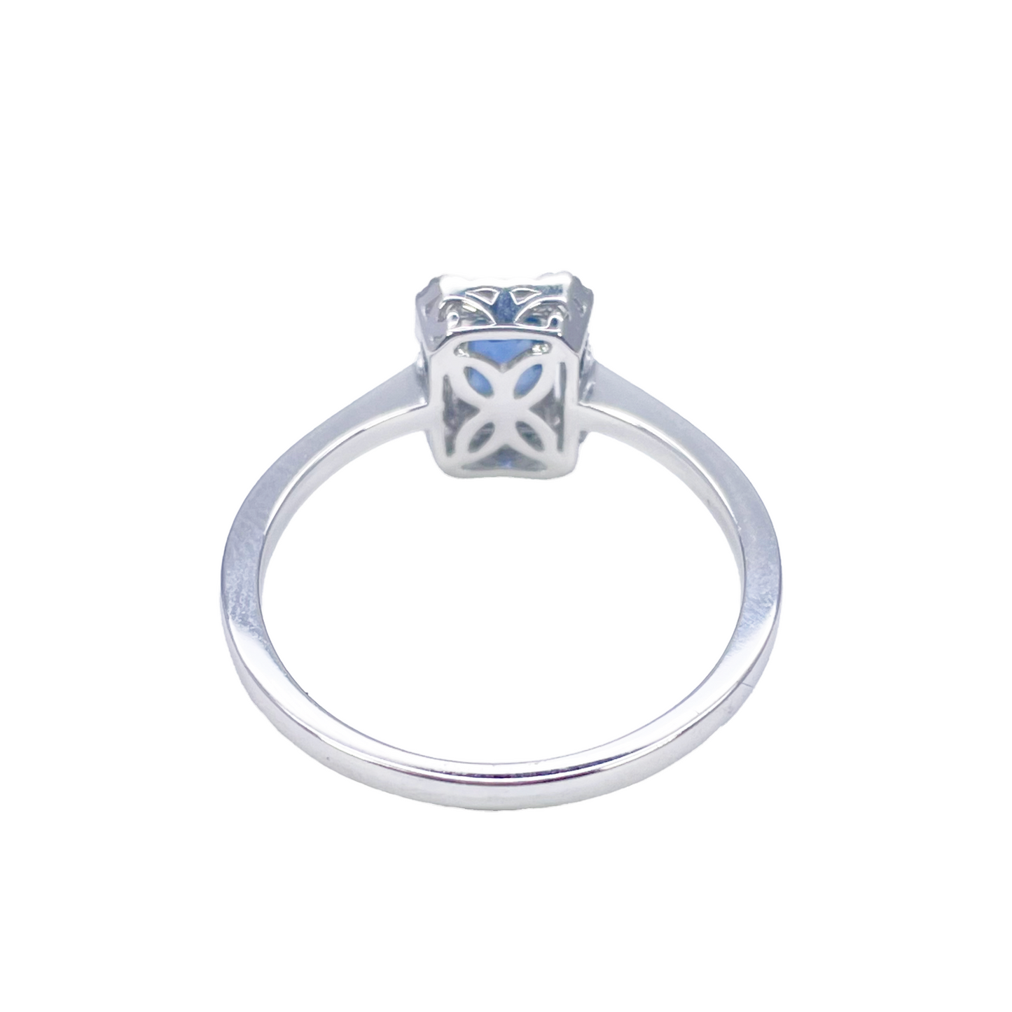 18ct White Gold Emerald Cut Blue Sapphire & Diamond Halo Ring 0.79ct