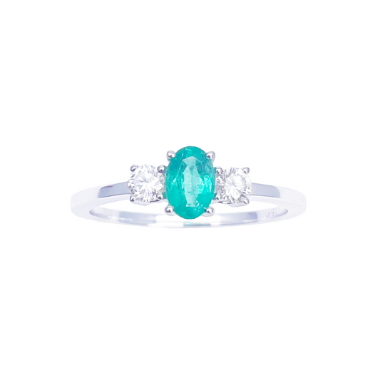 18ct Gold Emerald Diamond Ring Natural Round & Oval Cut Three-Stone 0.60ct