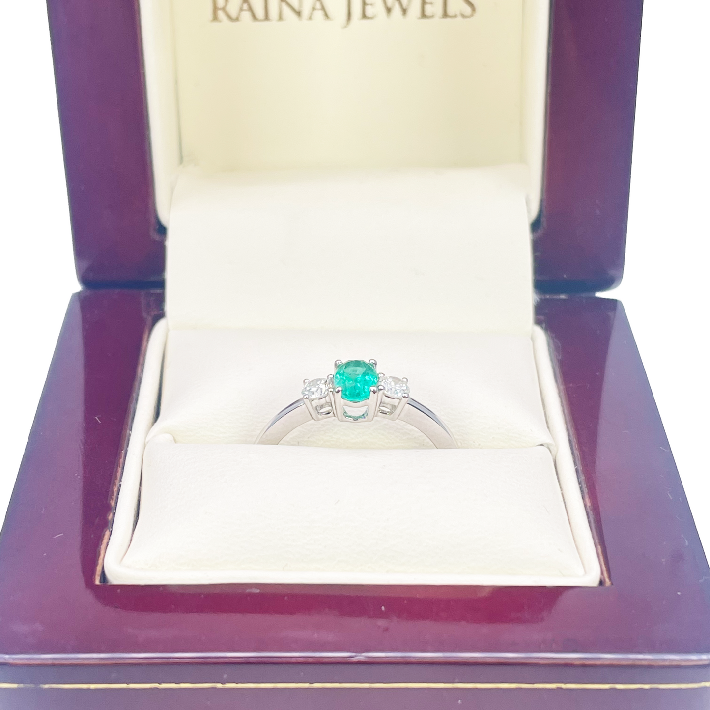 18ct Gold Emerald Diamond Ring Natural Round & Oval Cut Three-Stone 0.60ct