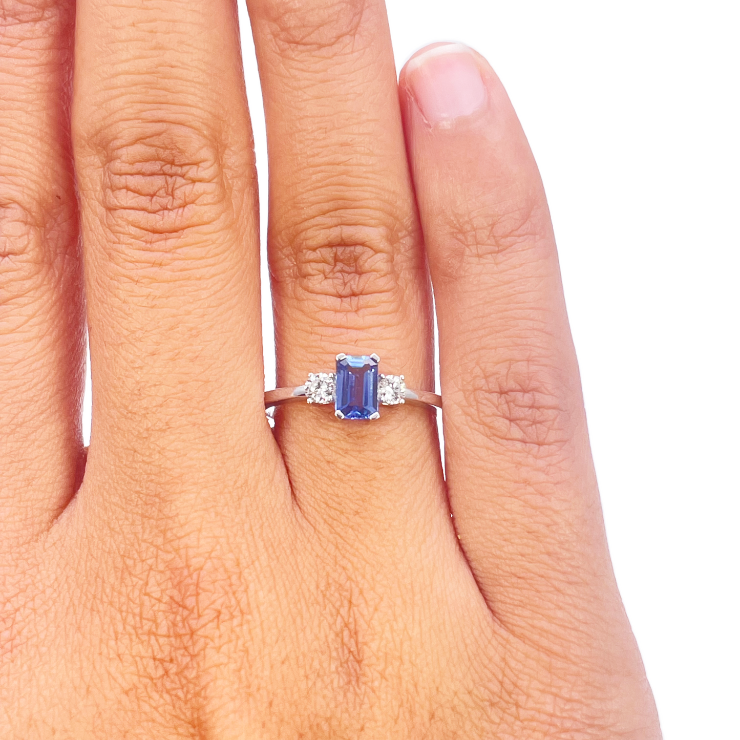 18ct Gold Sapphire Diamond Ring Natural Round & Emerald Cut Three-Stone 0.80ct