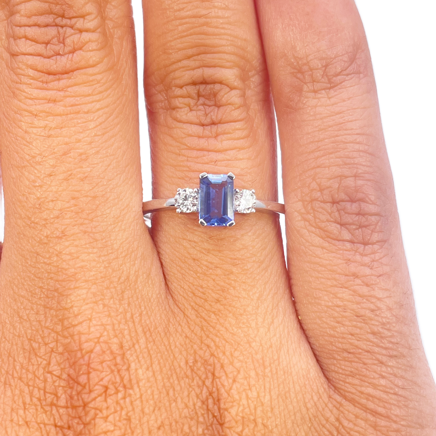 18ct Gold Sapphire Diamond Ring Natural Round & Emerald Cut Three-Stone 0.80ct
