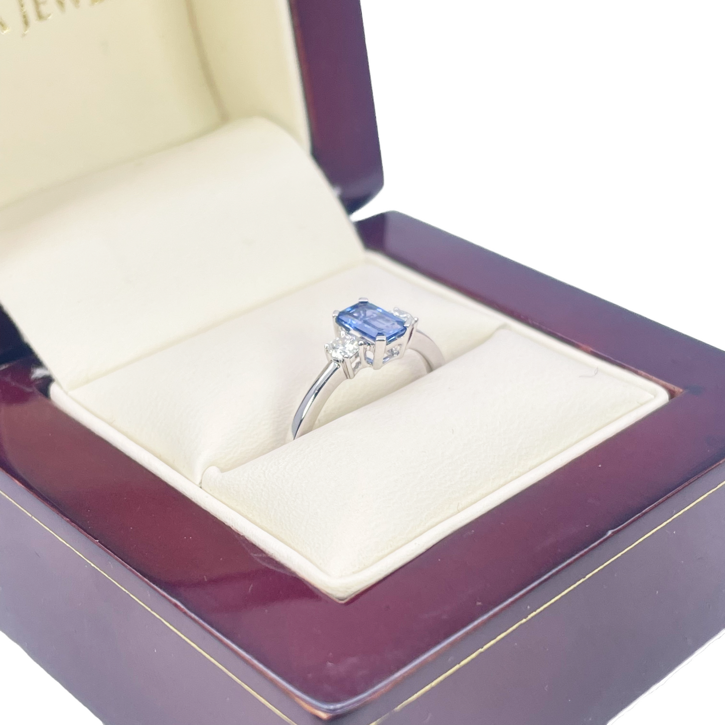 18ct Gold Sapphire Diamond Ring Natural Round & Emerald Cut Three-Stone 0.80ct