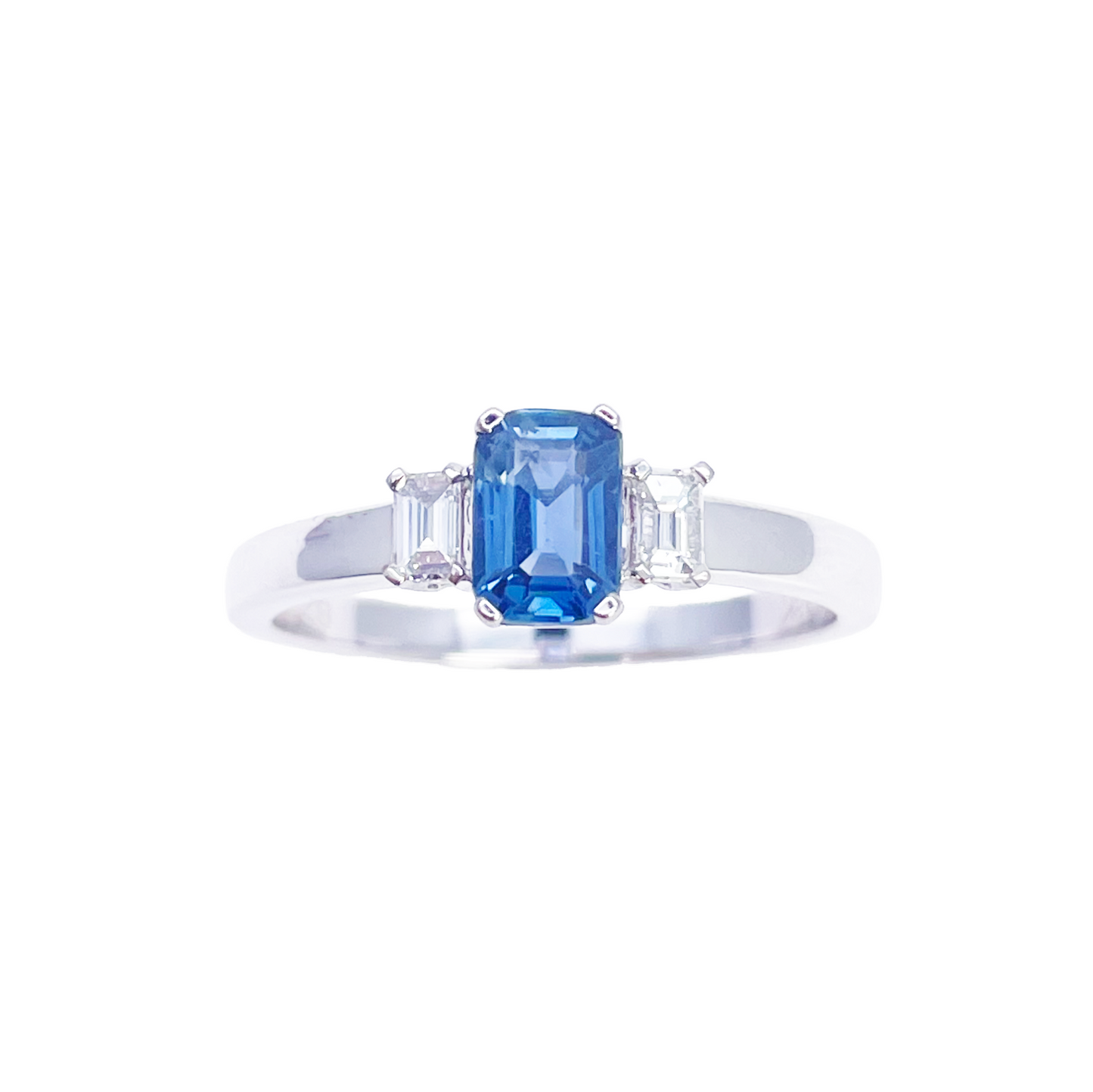 18ct Gold Sapphire Diamond Ring Natural Baguette & Emerald Cut 0.86ct