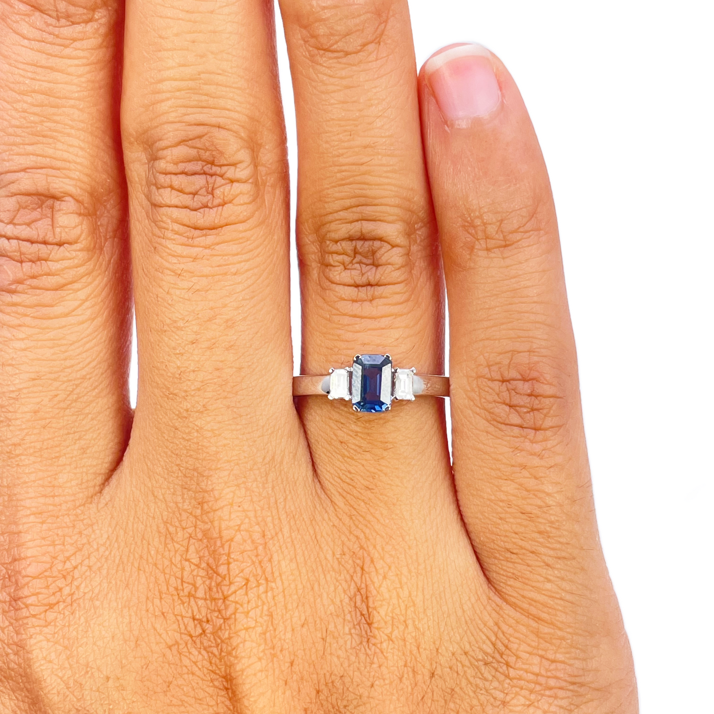 18ct Gold Sapphire Diamond Ring Natural Baguette & Emerald Cut 0.86ct