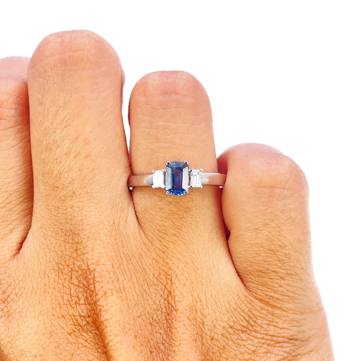 18ct Gold Sapphire Diamond Ring Natural Baguette & Emerald Cut 0.86ct