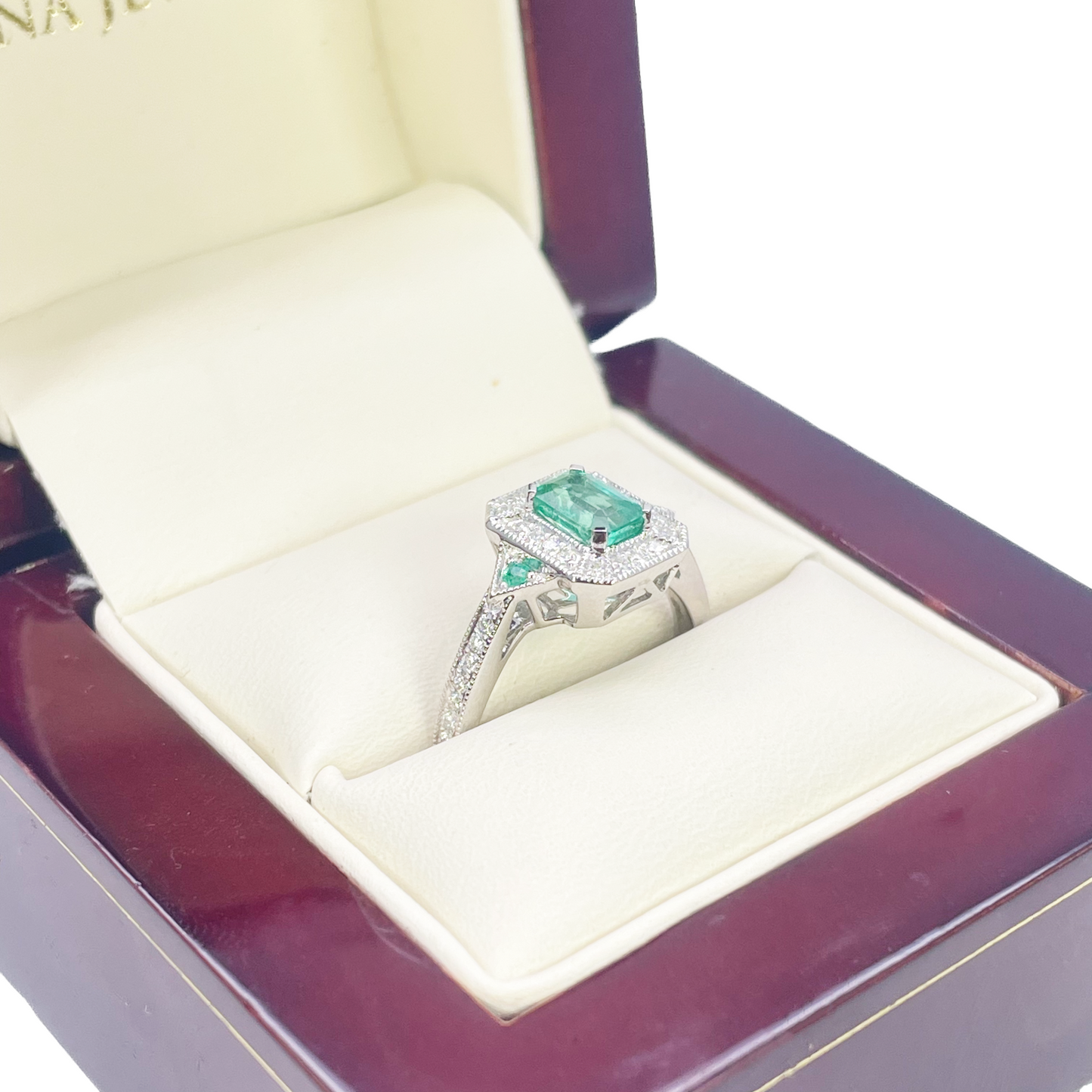 18ct Gold Natural Emerald Diamond Ring Round & Emerald Cut 0.80ct