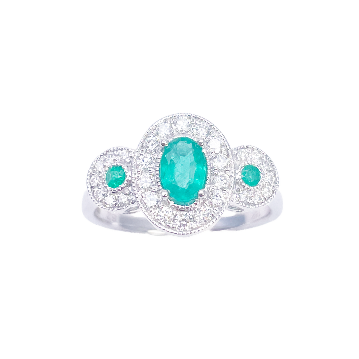 18ct Gold Natural Emerald Diamond Ring Round & Oval Cut 0.80ct