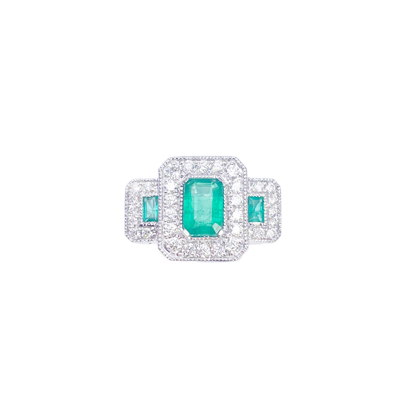 18ct Gold Natural Emerald Diamond Halo Ring Round & Emerald Cut 0.95ct