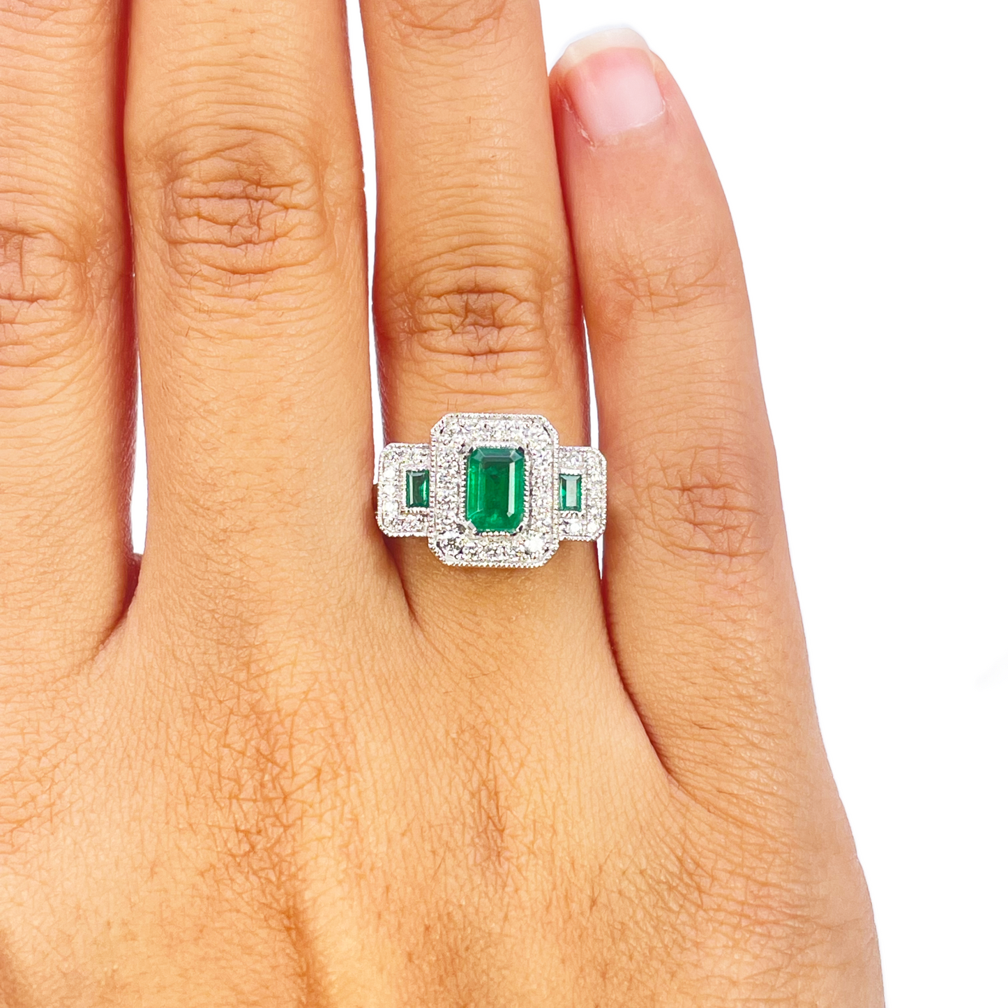 18ct Gold Natural Emerald Diamond Halo Ring Round & Emerald Cut 0.95ct