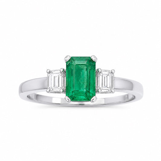 18ct Gold Emerald Diamond Ring Natural Baguette & Emerald Cut 0.75ct