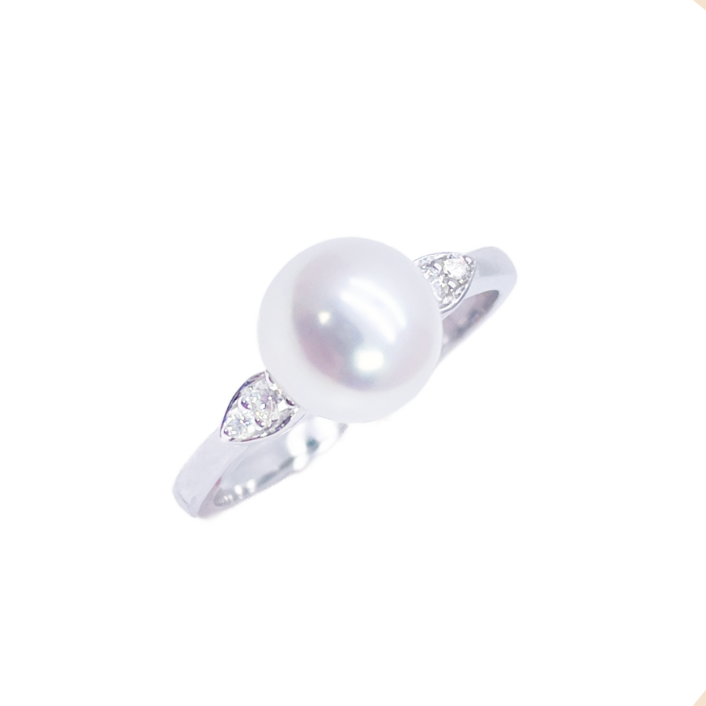 18ct Gold Freshwater Pearl Diamond Ring Natural Round 0.07ct