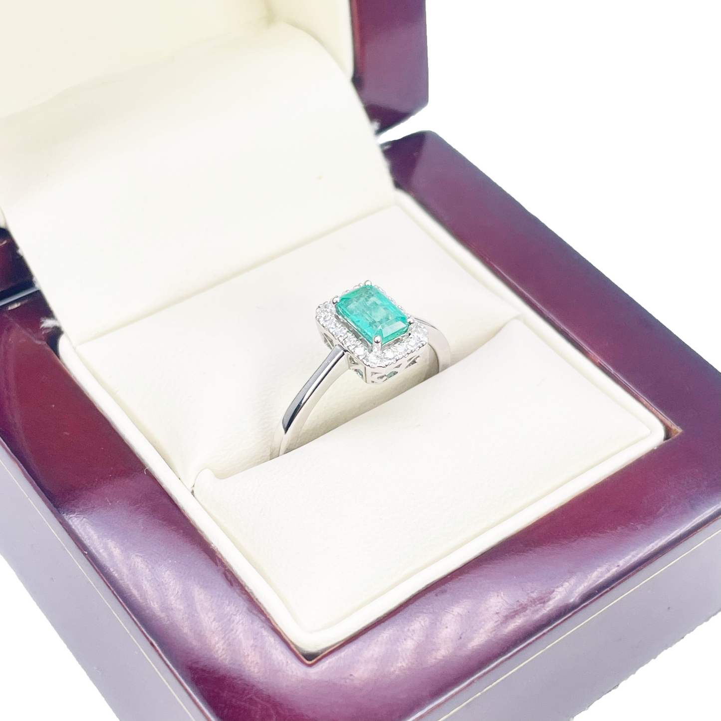 18ct Gold Natural Emerald Diamond Halo Ring Round & Emerald Cut 0.70ct