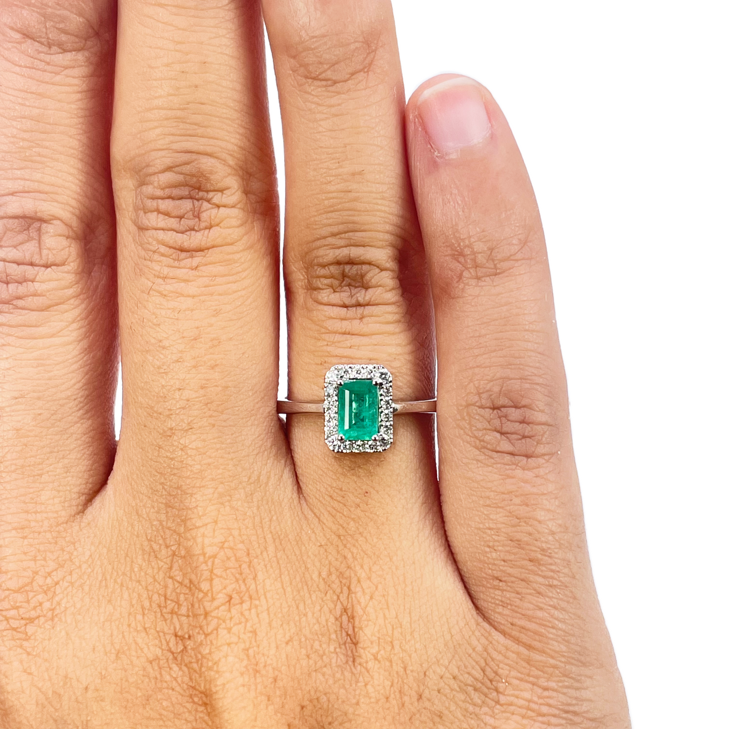 18ct Gold Natural Emerald Diamond Halo Ring Round & Emerald Cut 0.70ct