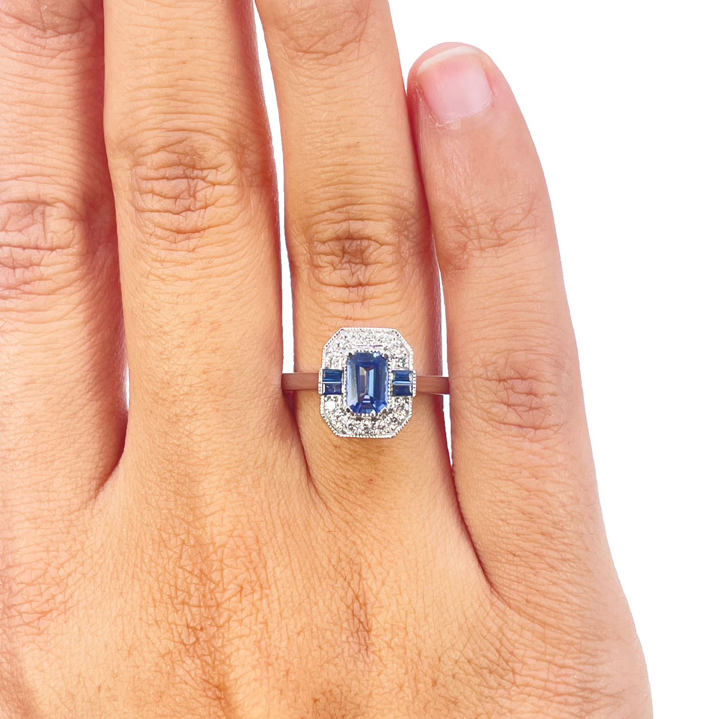 18ct Gold Natural Sapphire Diamond Halo Ring Round & Emerald Cut 1.00ct