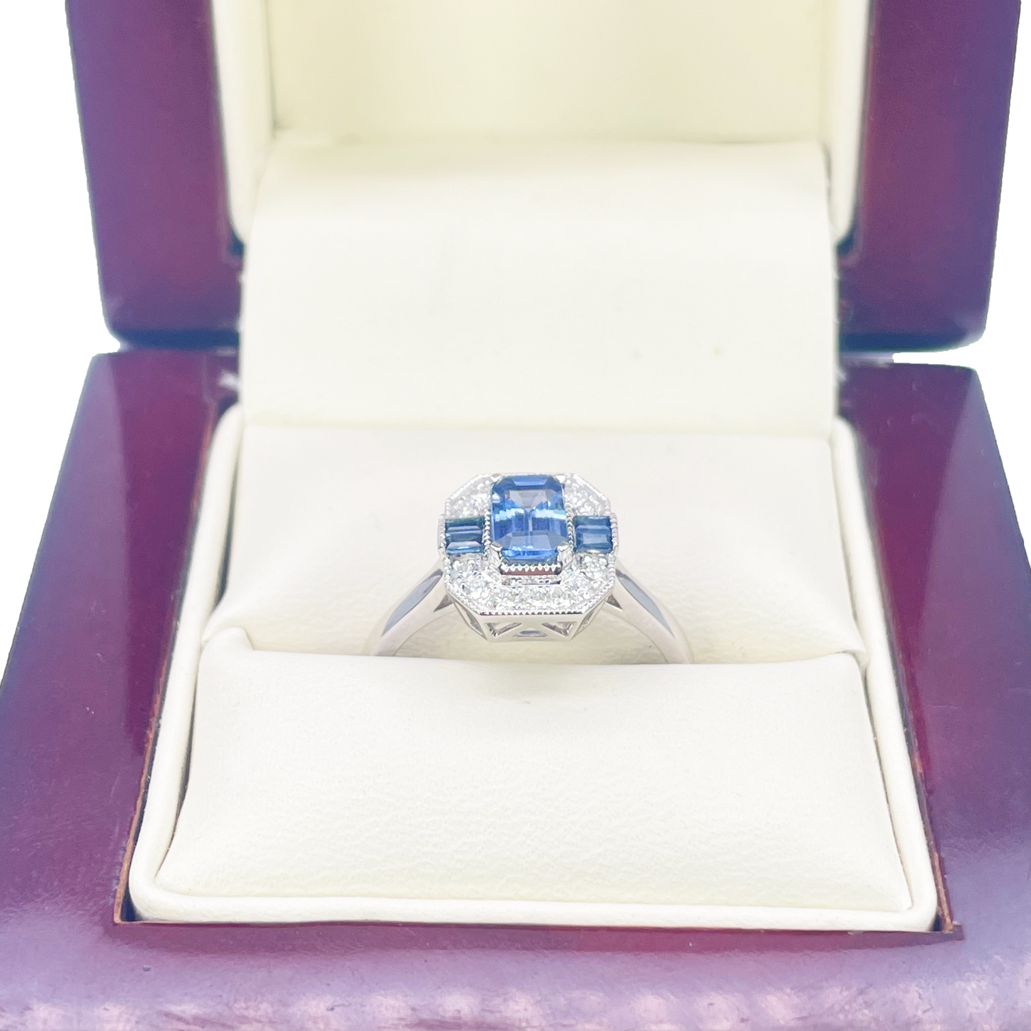 18ct Gold Natural Sapphire Diamond Halo Ring Round & Emerald Cut 1.00ct