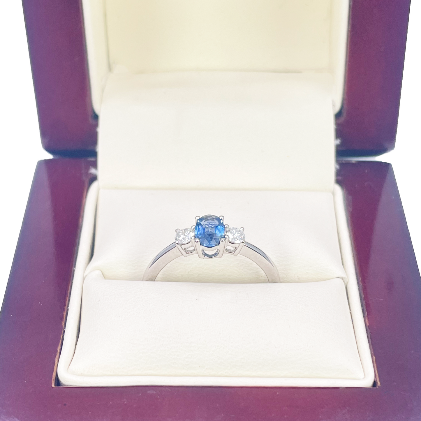 18ct Gold Natural Sapphire Diamond Three-Stone Ring Round & Oval Cut 0.65ct