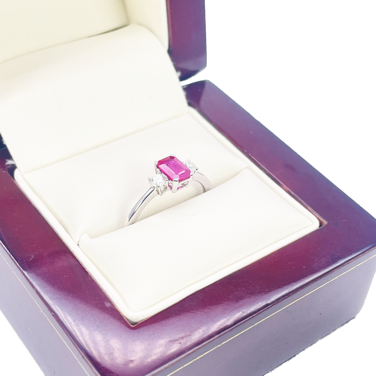 18ct Gold Ruby Diamond Ring Natural Round & Emerald Cut Three-Stone 0.75ct