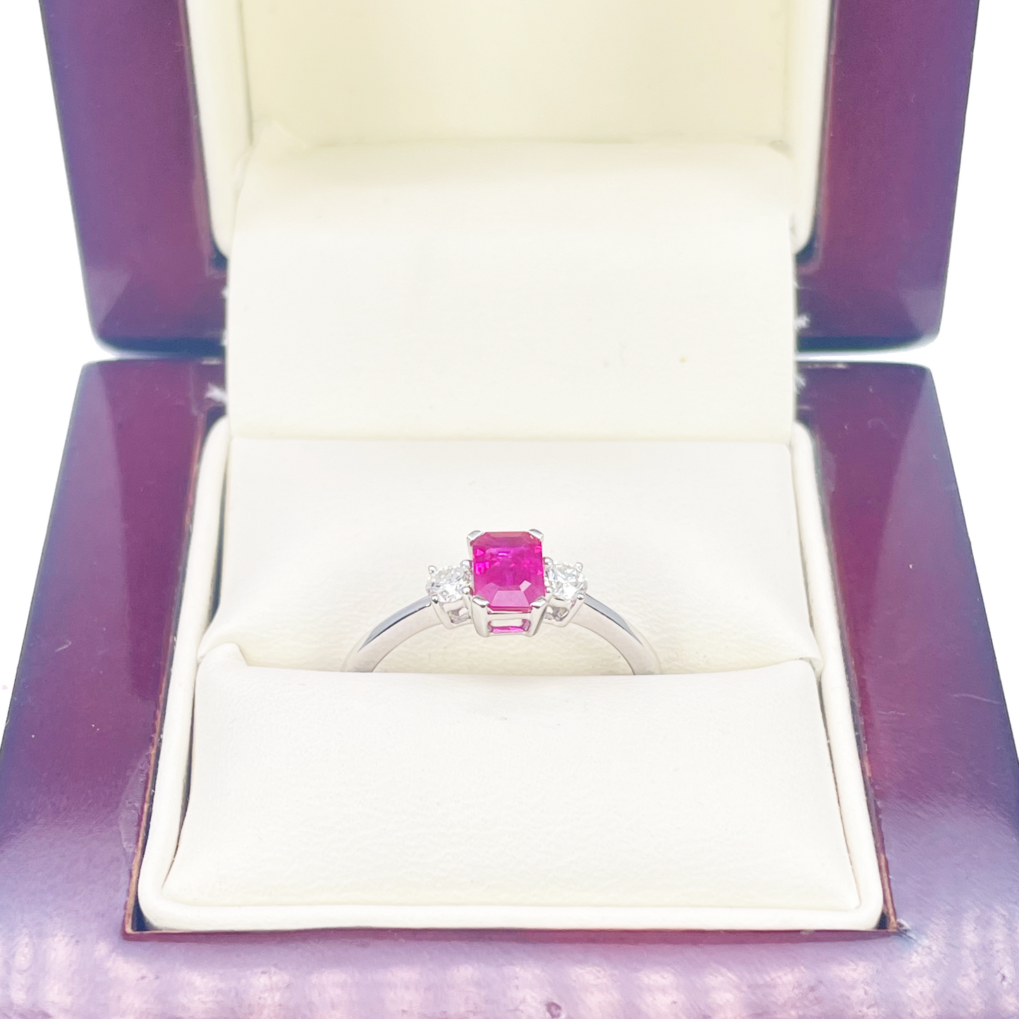 18ct Gold Ruby Diamond Ring Natural Round & Emerald Cut Three-Stone 0.75ct