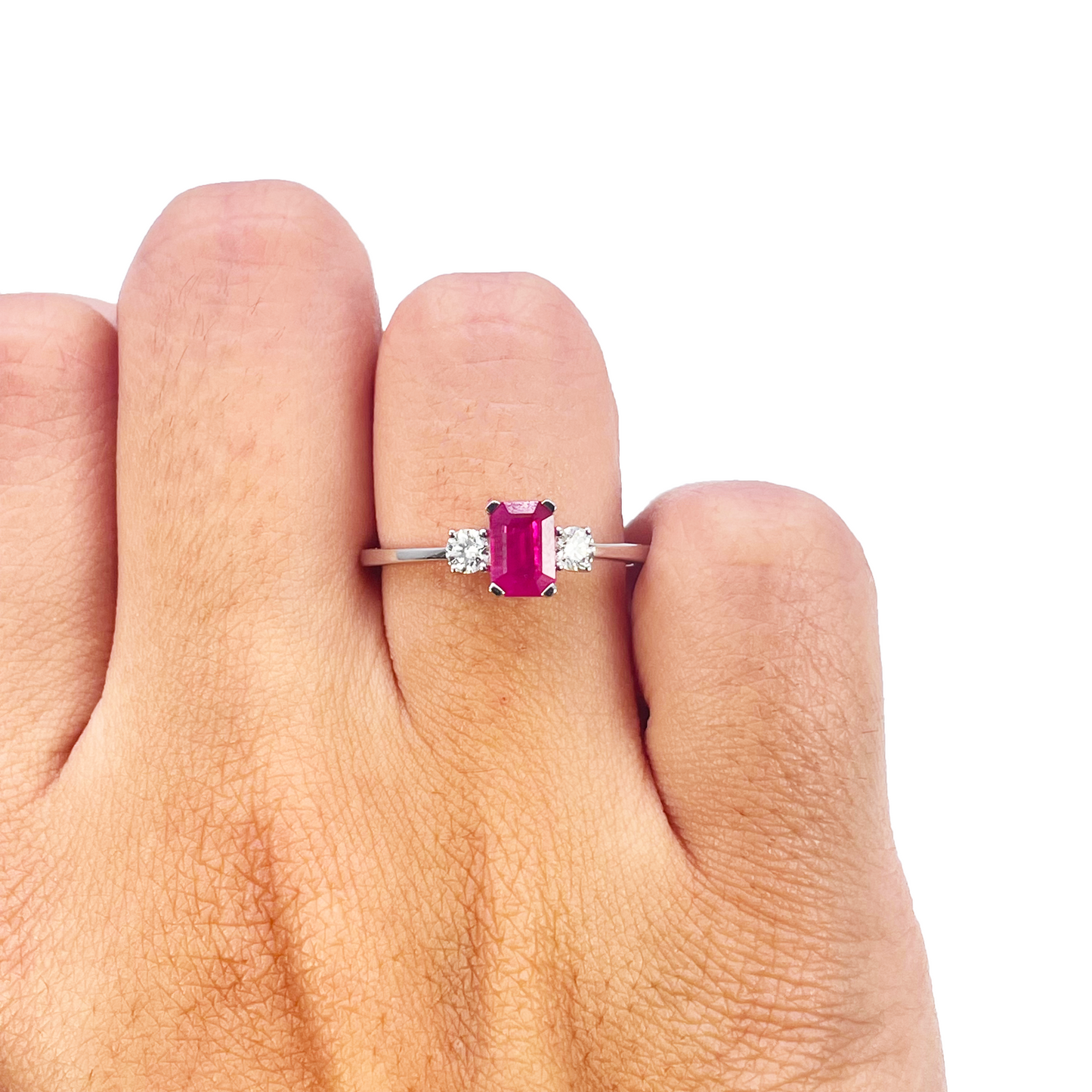 18ct Gold Ruby Diamond Ring Natural Round & Emerald Cut Three-Stone 0.75ct