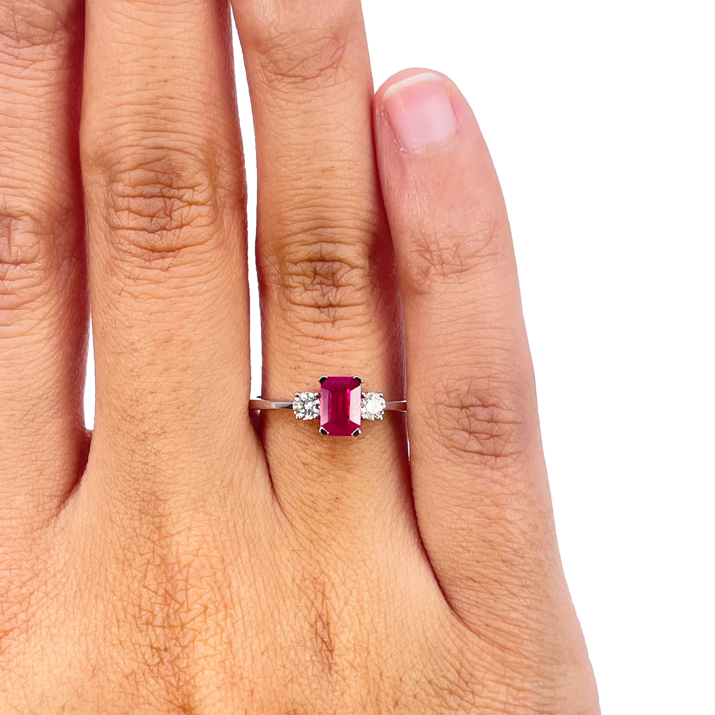 18ct Gold Ruby Diamond Ring Natural Round & Emerald Cut Three-Stone 0.75ct