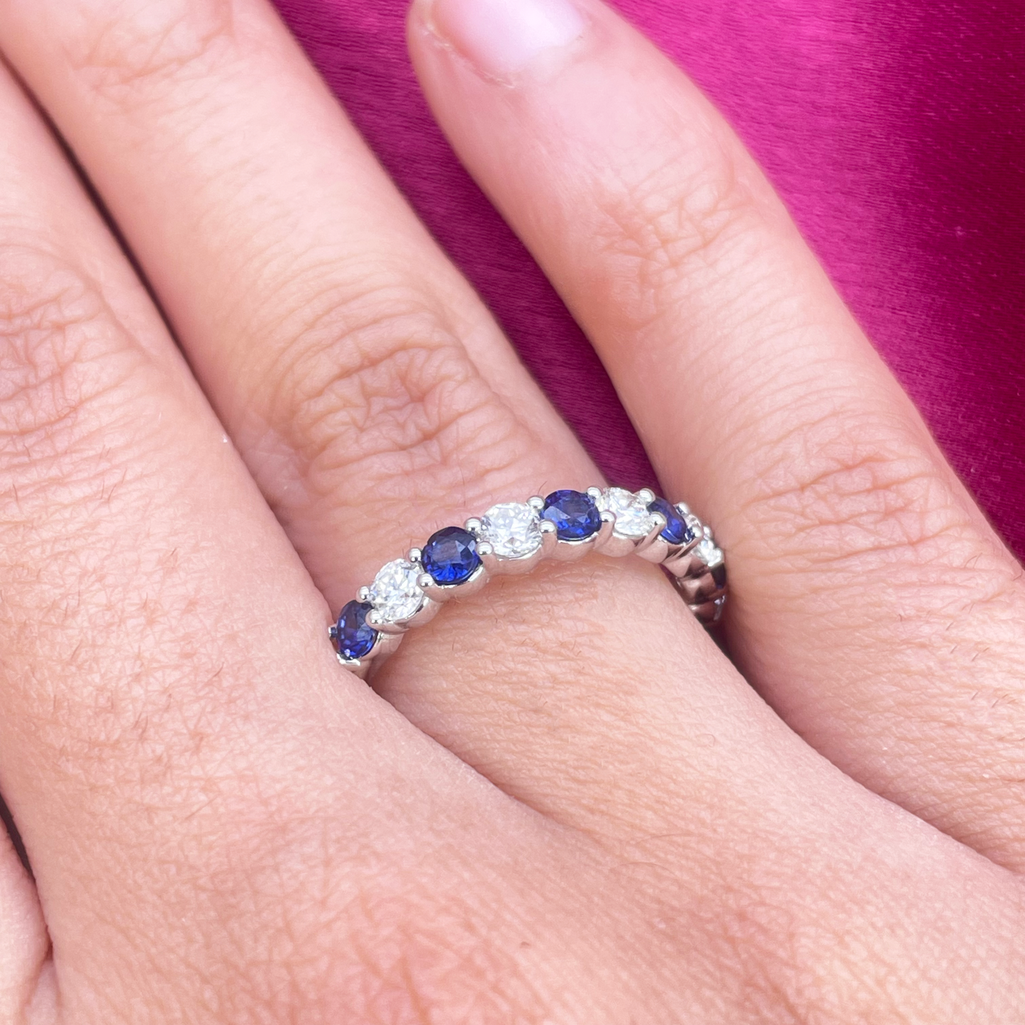 18ct Gold Natural Round Diamond & Sapphire Half Eternity Stackable Band 1.20ct