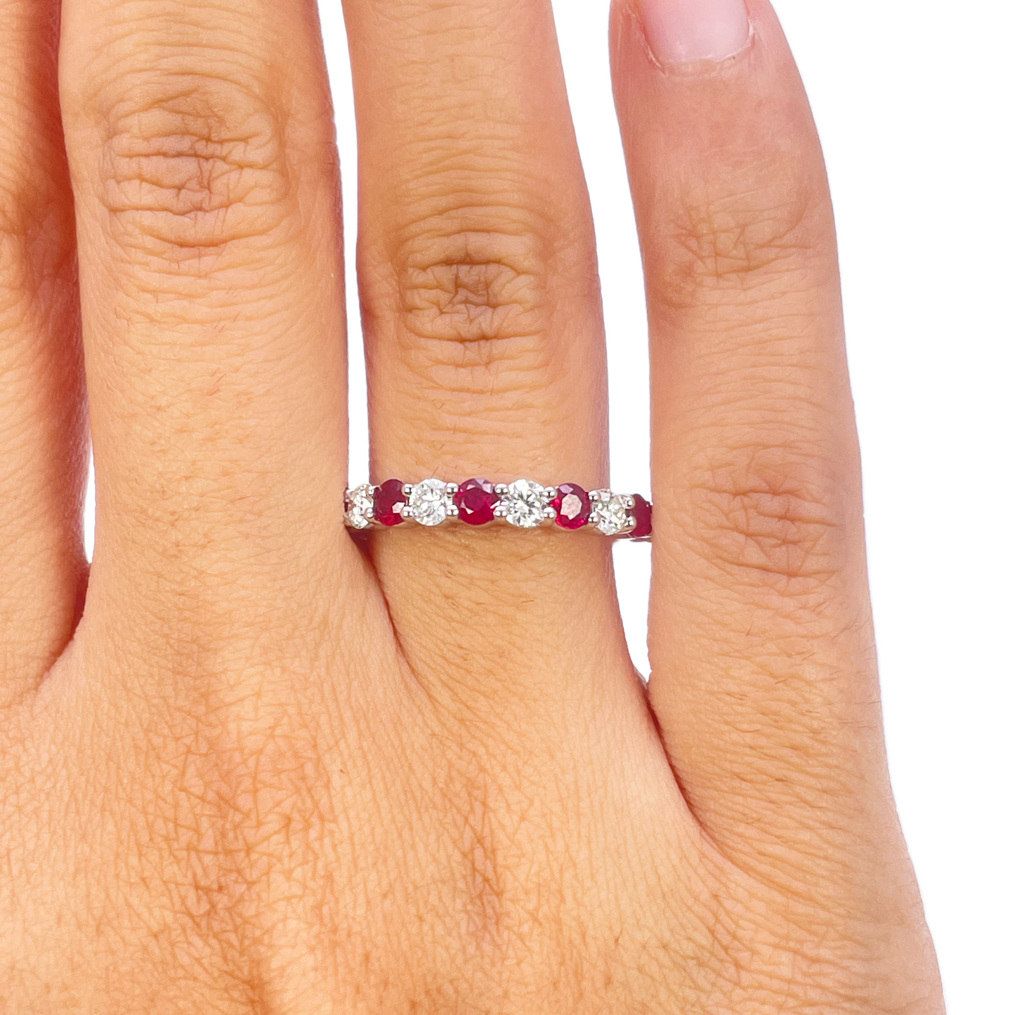18ct Gold Natural Round Diamond & Ruby Half Eternity Stackable Band 1.05ct