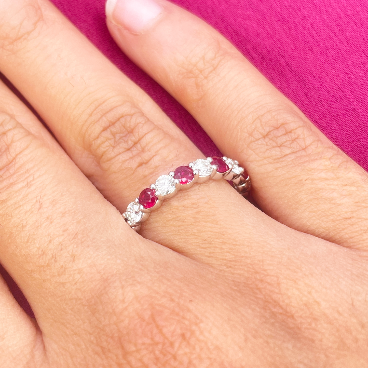 18ct Gold Natural Round Diamond & Ruby Half Eternity Stackable Band 1.05ct