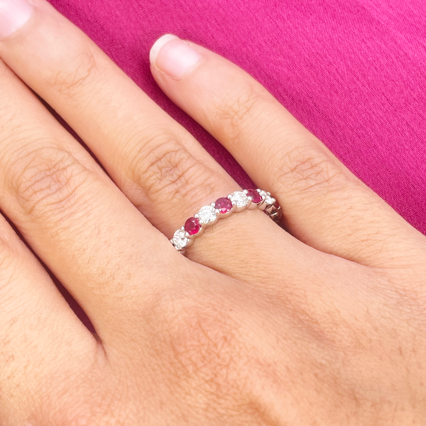 18ct Gold Natural Round Diamond & Ruby Half Eternity Stackable Band 1.05ct