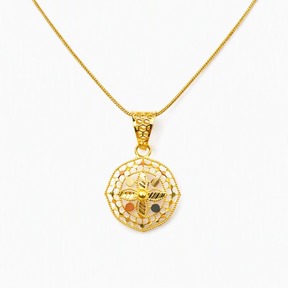 22ct Yellow Gold Floral Milgrain Honeycomb Octagonal Pendant