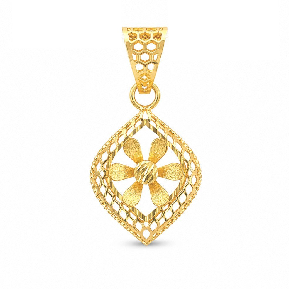 22ct Yellow Gold Diamond Cut Open Lattice Rhombus Daisy Floral Pendant