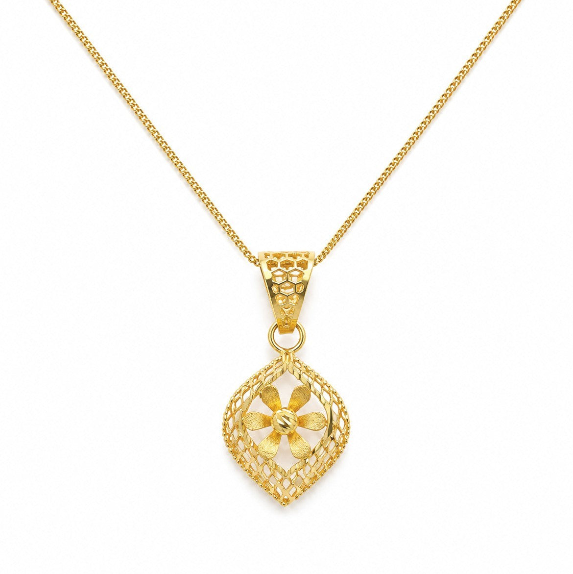 22ct Yellow Gold Diamond Cut Open Lattice Rhombus Daisy Floral Pendant