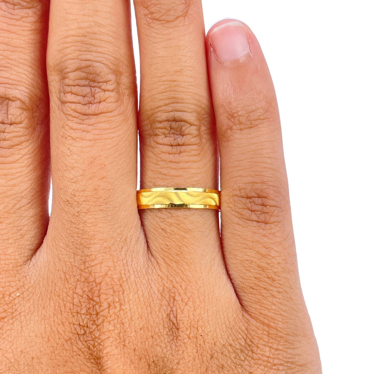 22ct Yellow Gold Textured Diamond Cut Wave Pattern Stackable Band Ring