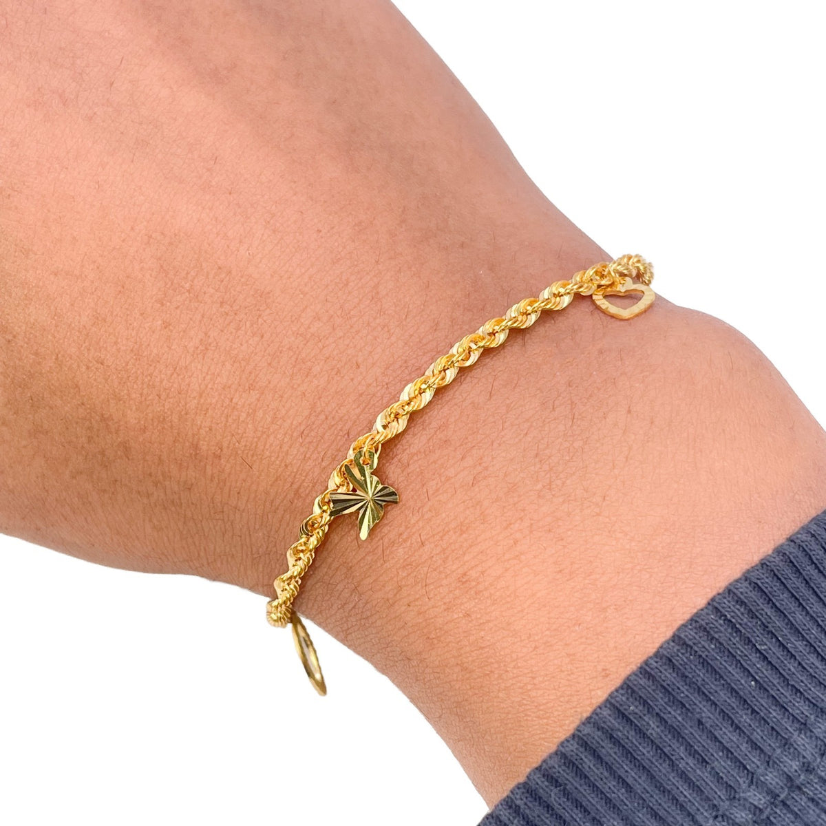 22ct Yellow Gold Lightweight Rope Chain Bracelet with Diamond Cut Open Charms