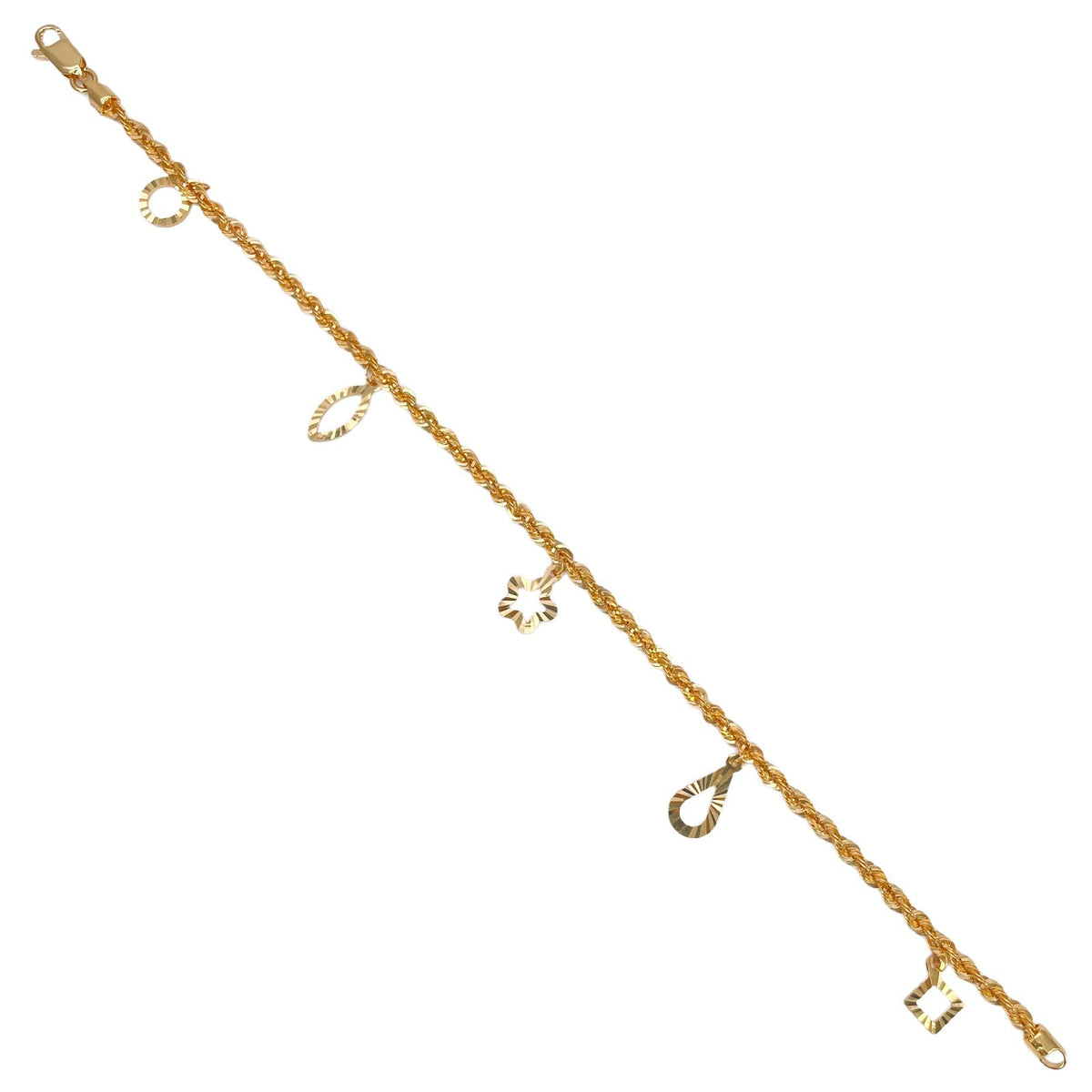 22ct Yellow Gold Rope Chain Bracelet Diamond Cut Shape Charms