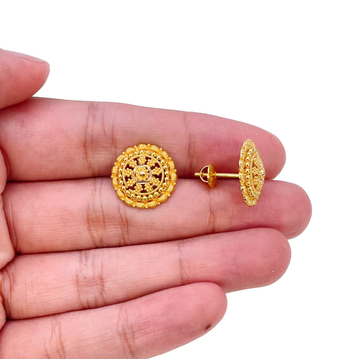 22ct Yellow Gold Rawa Work Mandala Stud Earrings Filigree Design