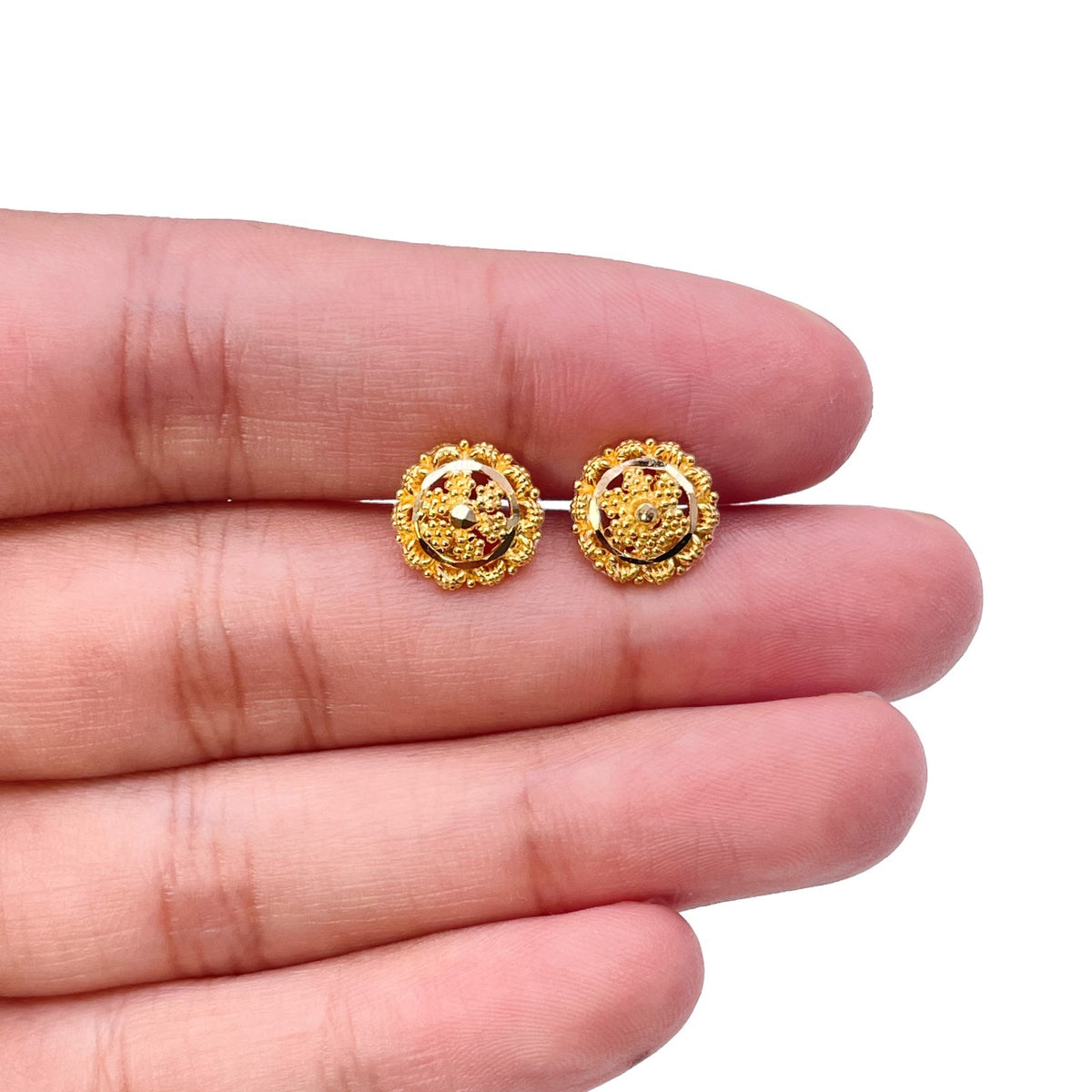 22ct Yellow Gold Filigree Floral Mandala Stud Earrings Rawa Work 9.2mm