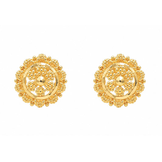 22ct Yellow Gold Filigree Floral Mandala Stud Earrings Rawa Work 9.2mm