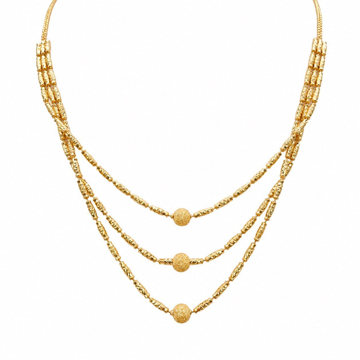 22ct Yellow Gold Triple Row Layered Necklace Diamond Cut Textured Bead Design
