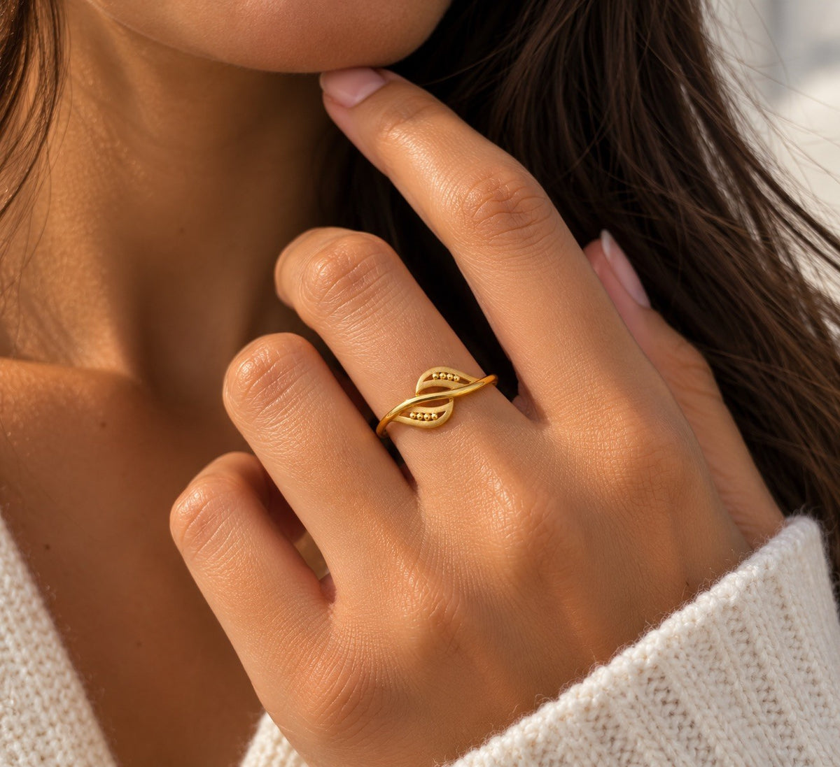 22ct Yellow Gold Crossover Leaf Ring Matte Finish Bead Detail