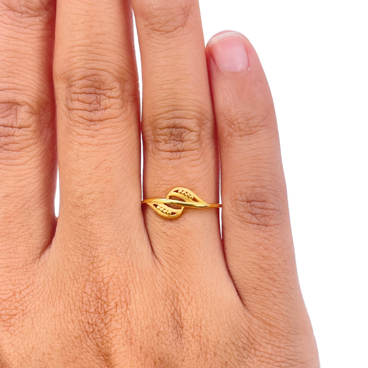 22ct Yellow Gold Crossover Leaf Ring Matte Finish Bead Detail