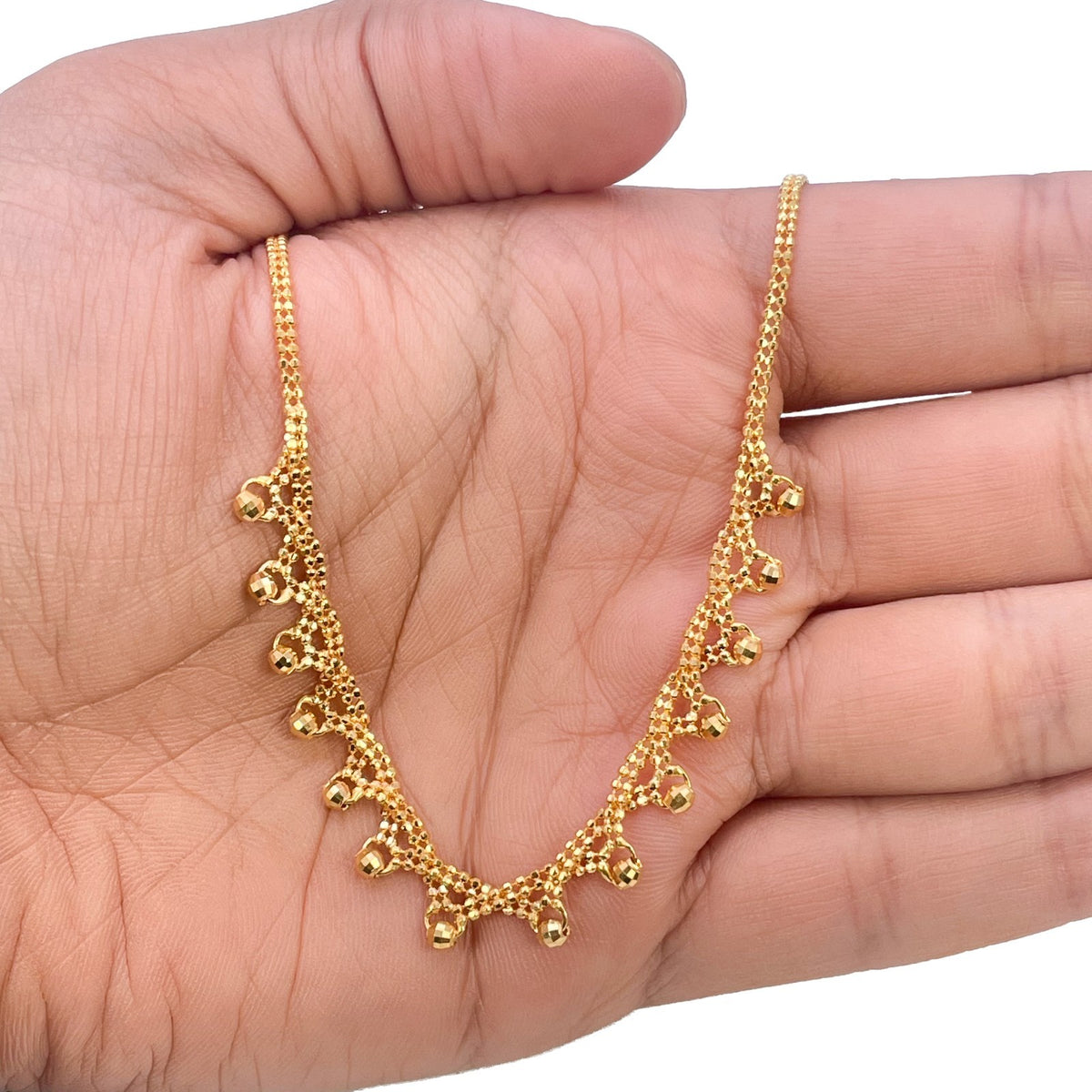 22ct Yellow Gold Fringe Necklace Diamond Cut Ball Drop Mesh Panel