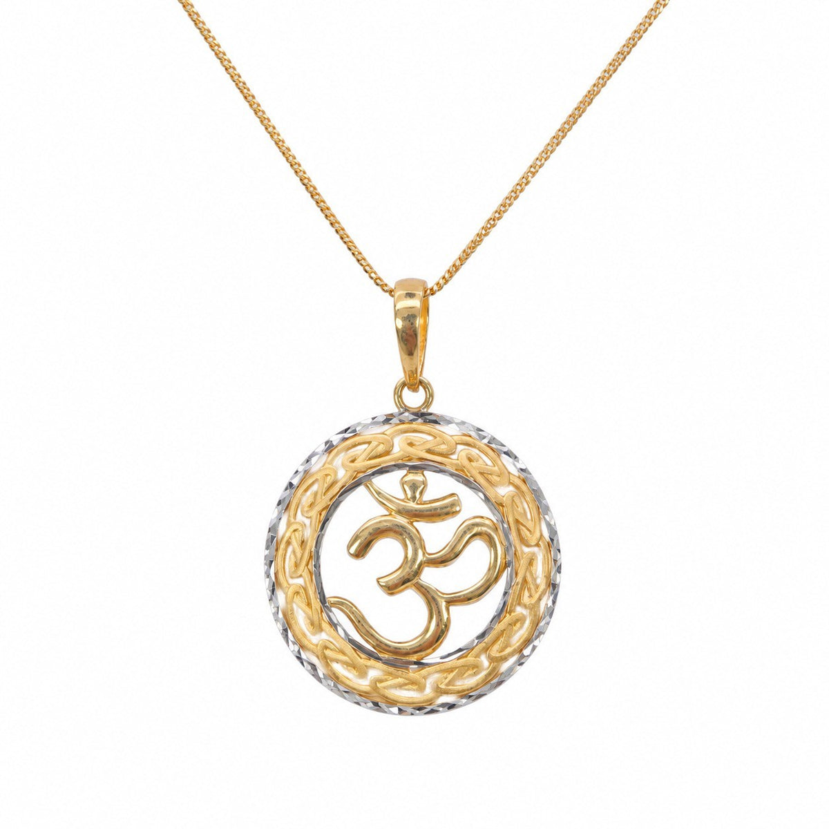22ct Two Tone Gold Om Pendant Round Knot Border Diamond Cut Rim