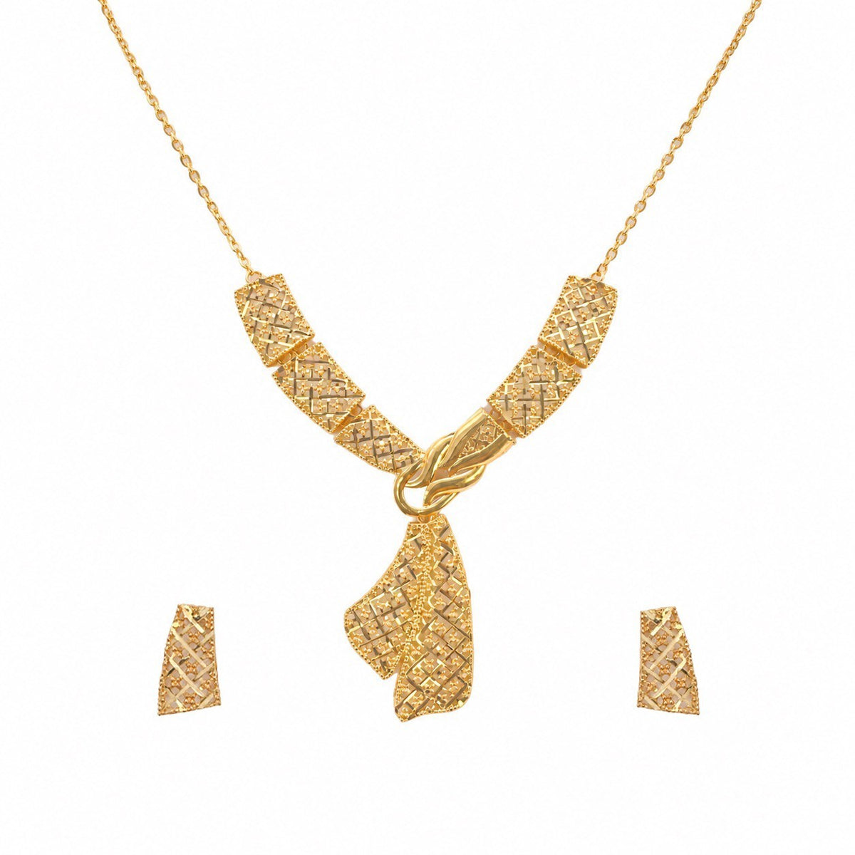 22ct Yellow Gold Scarf Knot Necklace & Earring Set Textured Panels