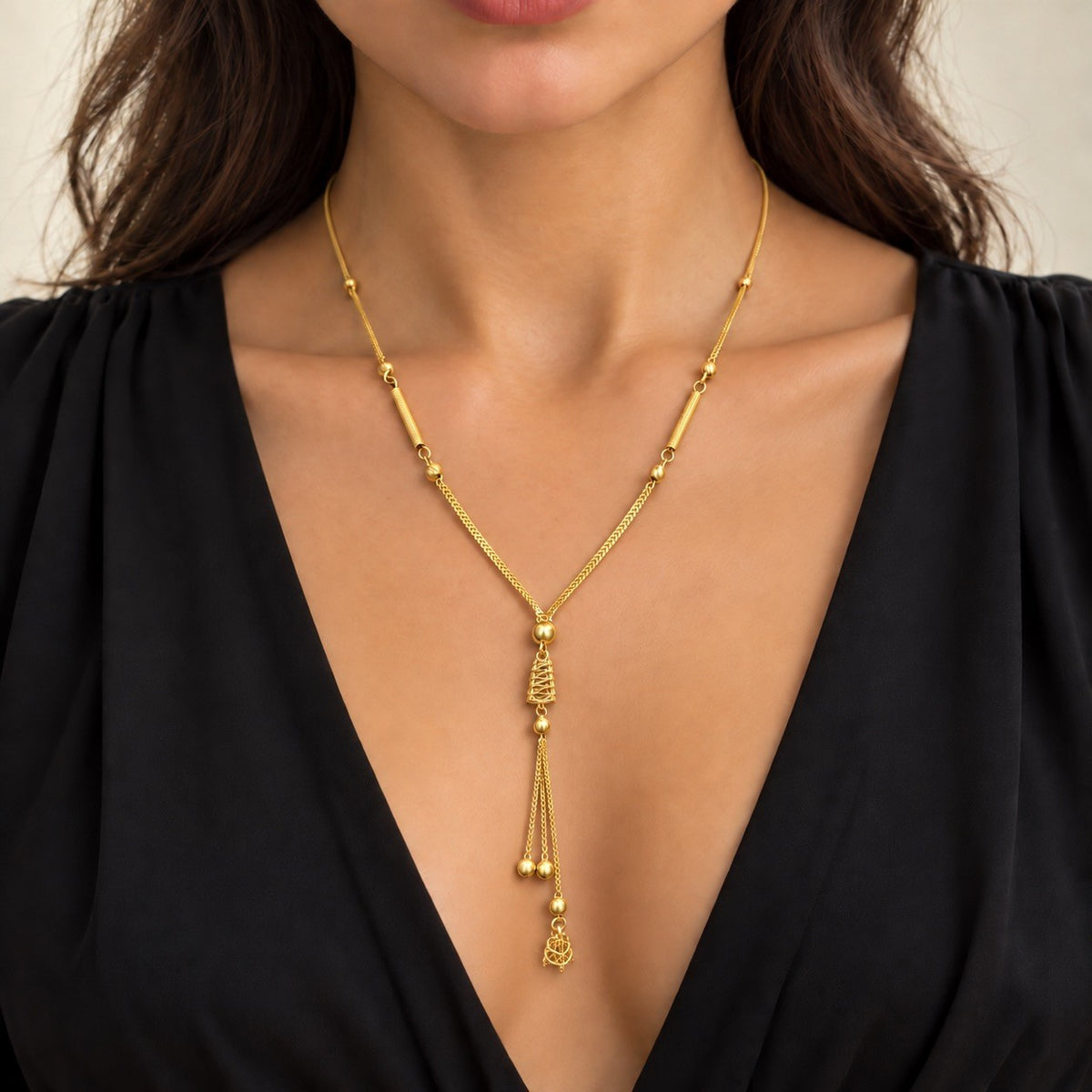 22ct Yellow Gold Tassel Necklace & Hoop Earring Set Lattice Drop Y Chain
