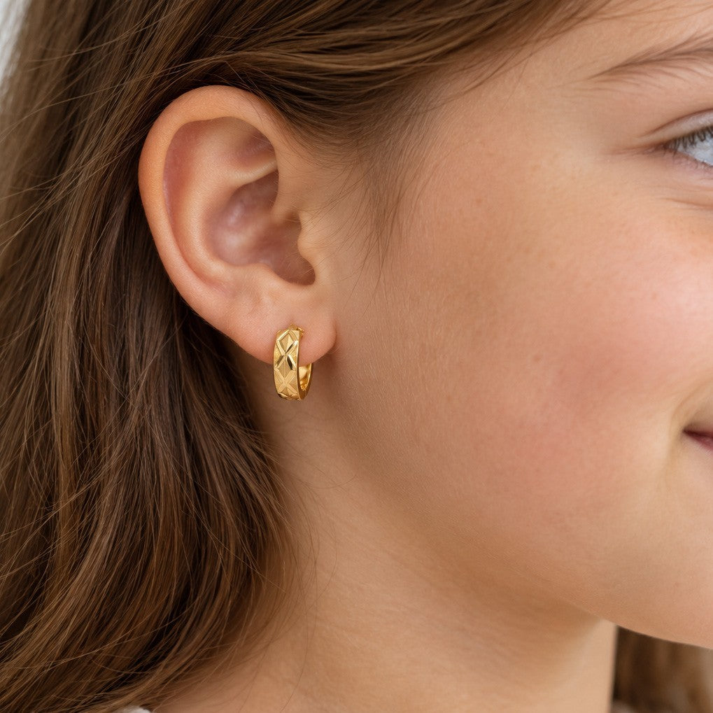 22ct Yellow Gold Patterned Huggie Hoop Earrings 8mm Kids & Adults