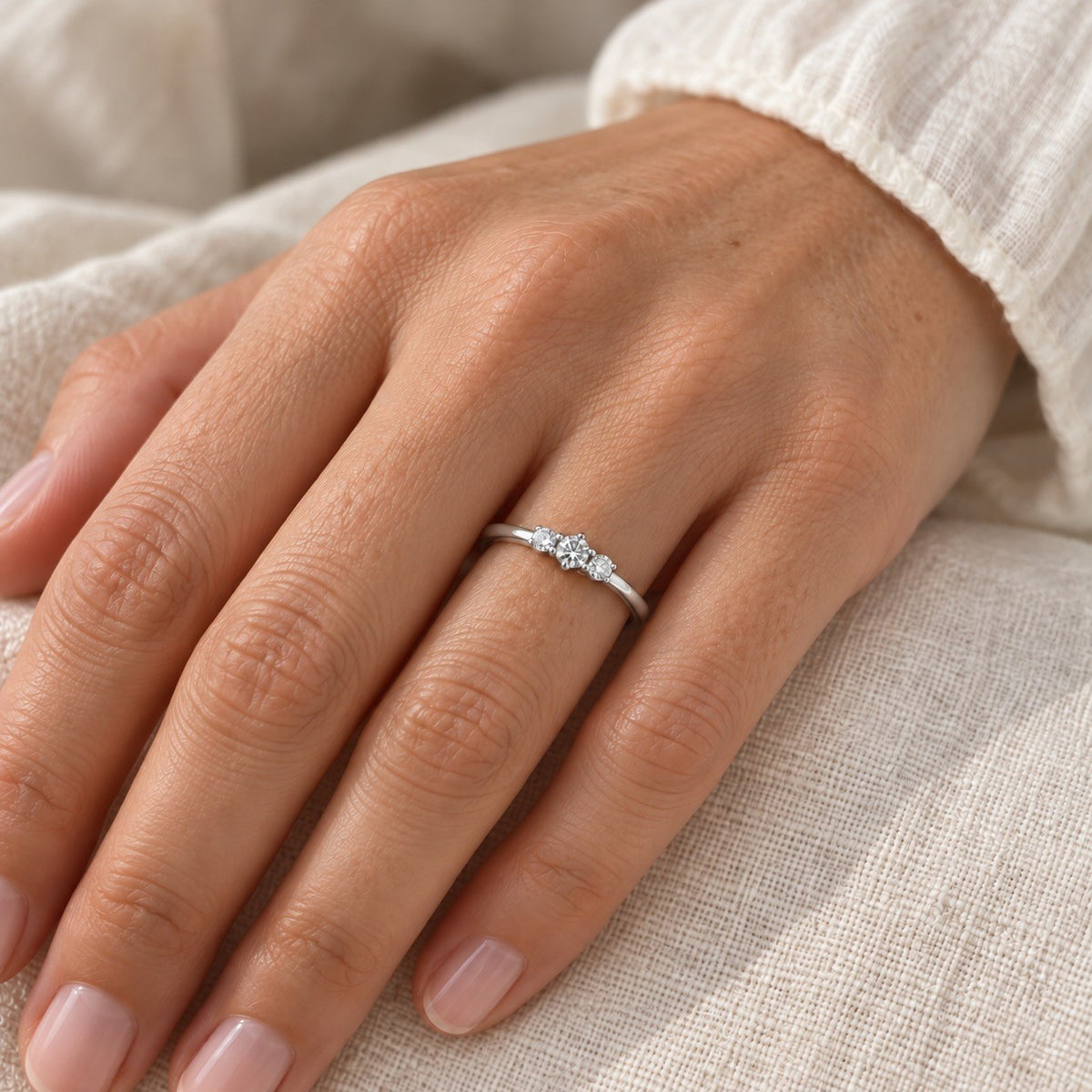 14ct White Gold Natural Diamond Trilogy Ring Three Stone Claw Set 0.15ct