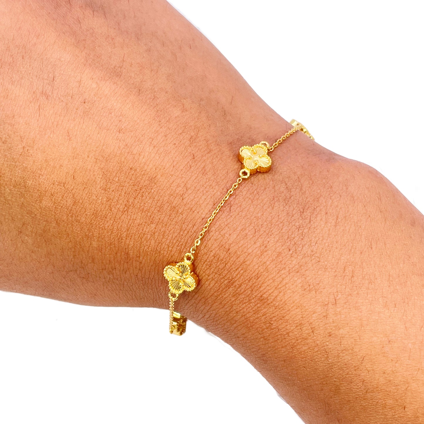22ct Yellow Gold 5 Floral Mini Clover Diamond Cut Bracelet 7.5 Inches